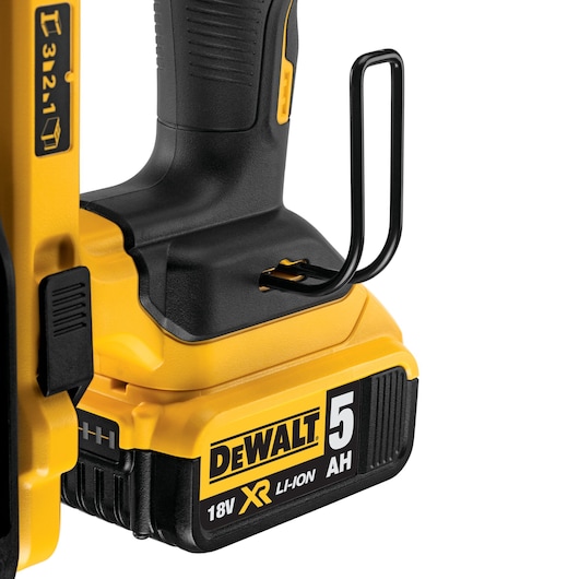 Close-up of a DEWALT 18V XR Li-Ion power tool with a 5AH battery attached.