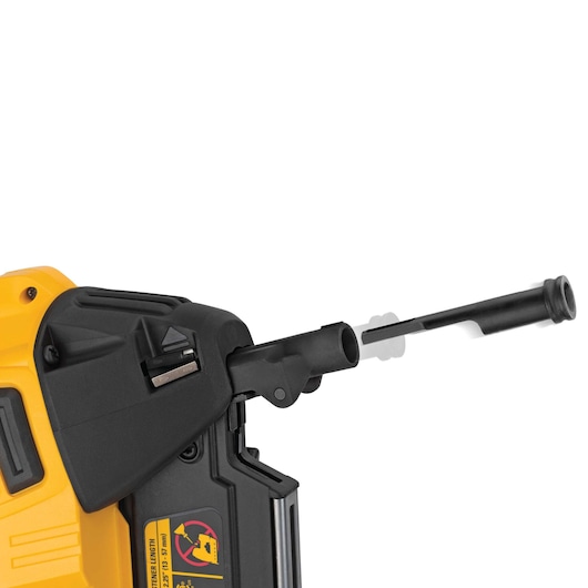 Close-up of DEWALT DCN890P2 tool attachment showing movable black nozzle mechanism.