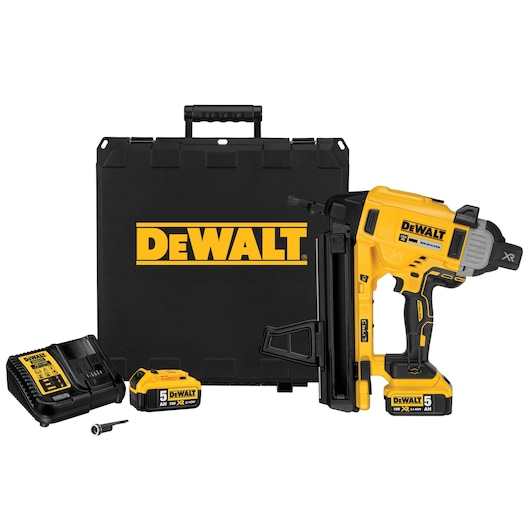 DEWALT cordless nailer kit with case, charger, battery, and tool, all shown together.