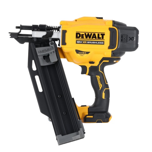 DEWALT 18V XR Brushless nail gun with black and yellow body, angled magazine and ergonomic handle.