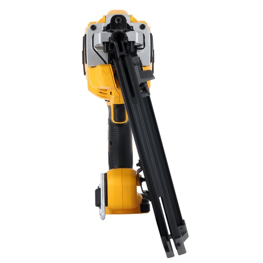 Front view of a DEWALT cordless nail gun with a yellow body and black magazine.
