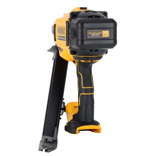 DEWALT DCN910 cordless nailer with brushless motor, yellow and black, shown upright against a white background.