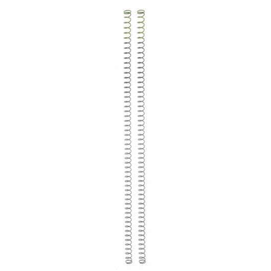 Two thin, coiled metal springs are shown side by side on a white background.