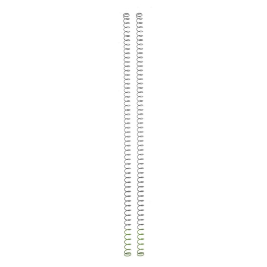 Two long, thin metal spiral springs side by side on a white background.