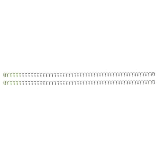 Two metal coil springs with green ends are displayed on a white background.