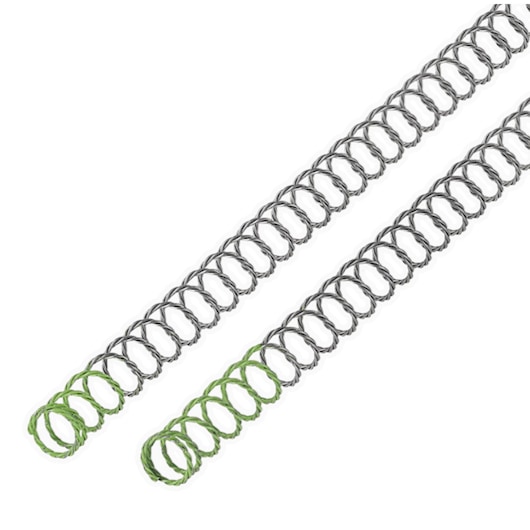 Two metal wire coils with green loops at one end, shown diagonally on a white background.