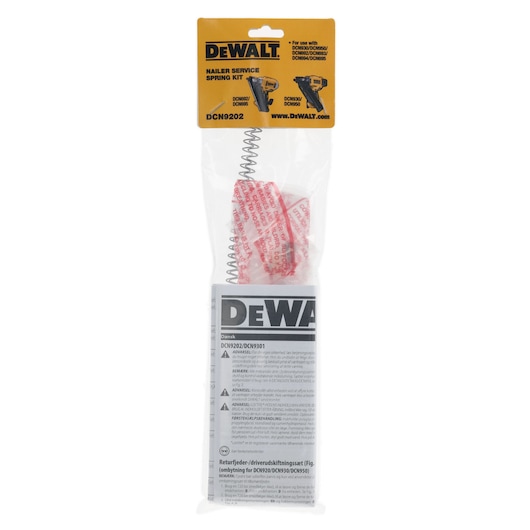DEWALT nailer service spring kit DCN9202 in sealed packaging, includes springs and instructions.
