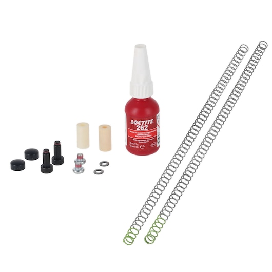 Various components and a red Loctite bottle arranged next to metal springs on a white background.
