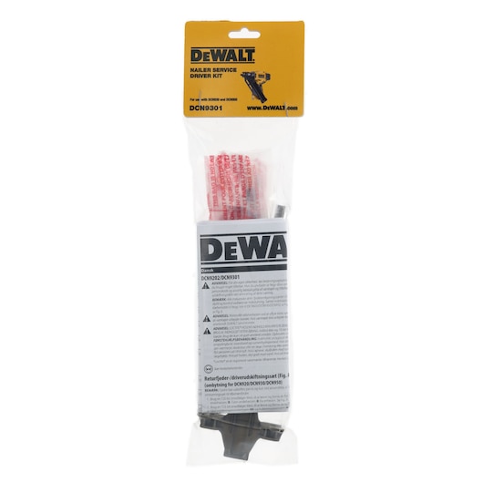DEWALT DCN9301 nailer service driver kit in sealed plastic packaging with yellow label.