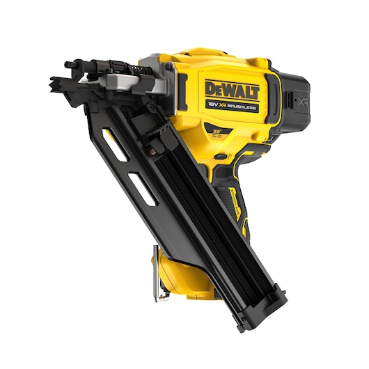 A DEWALT 18V XR brushless cordless nail gun, featuring a yellow and black design with a large magazine for nails.