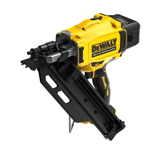 A DEWALT 18V cordless brushless nailer, model DCN930N, shown in a close-up view. The tool is yellow and black, designed for driving nails and features a robust handle and magazine.