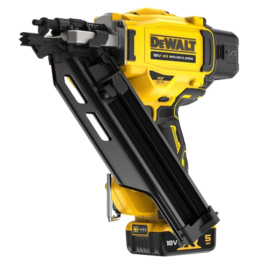 Yellow DEWALT 18V XR brushless nail gun shown angled with visible battery and magazine.
