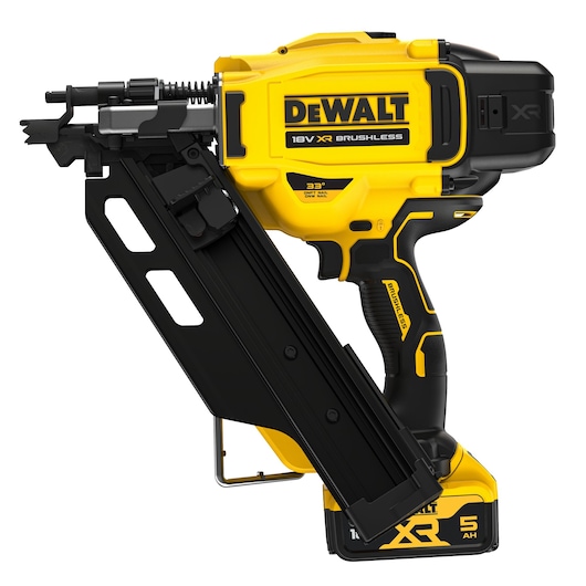 DEWALT 18V XR brushless cordless nailer, yellow and black, angled magazine, model DCN930P2.