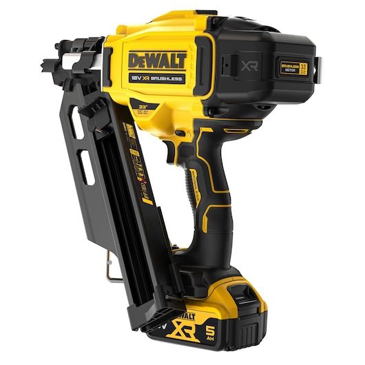 DEWALT XR 18V brushless nailer with a 5Ah battery, yellow and black design, angled magazine visible.