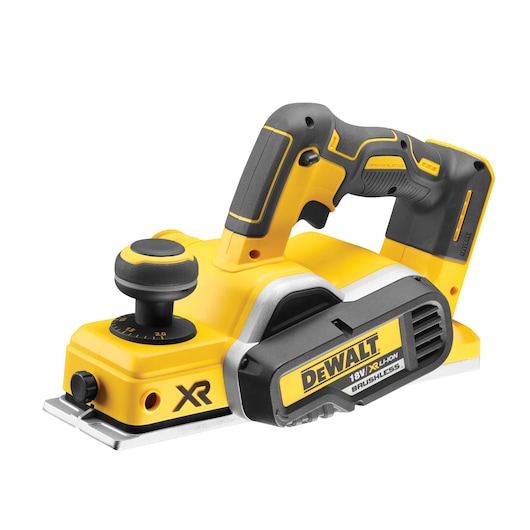 Cordless yellow DEWALT electric planer with black handle and 18V XR lithium-ion battery.