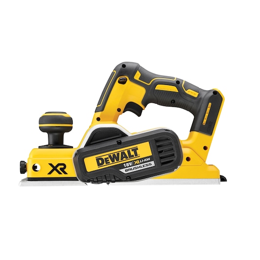 DEWALT cordless planer with 18V XR Li-Ion battery, yellow and black, suitable for woodworking.