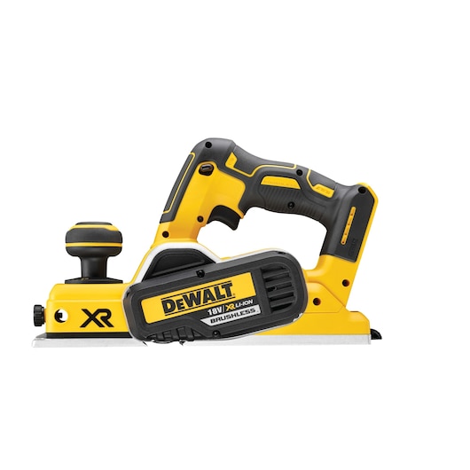 A DEWALT cordless brushless planer, model DCP580N, featuring an 18V XR Li-Ion battery, shown in yellow and black colors.