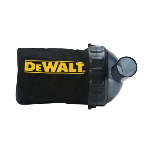 DEWALT black dust bag accessory for power tools, featuring a yellow logo and plastic nozzle.