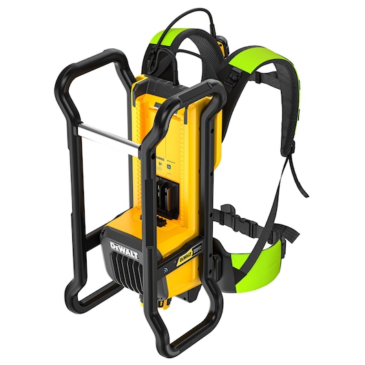 DEWALT DCPS310N backpack-style photography power tool with yellow and black design and padded shoulder straps.