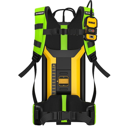 DEWALT backpack-style professional battery pack with yellow and black colored body, neon green shoulder straps, adjustable black straps, and a small control module attached to the right shoulder strap.
