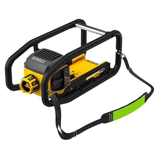 DEWALT portable photography equipment with yellow casing, black frame, control panel, and carrying strap.