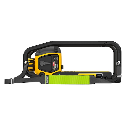 DEWALT DCPS320N photography tool with black and yellow design, visible handle, and green padded strap.