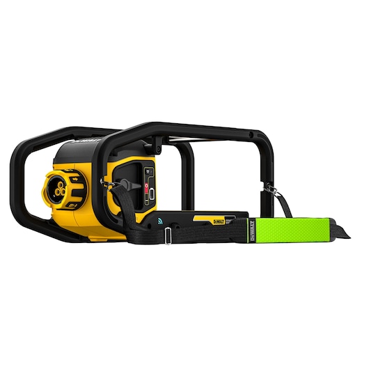 DEWALT DCPS320N photography device with yellow and black frame and green shoulder strap.
