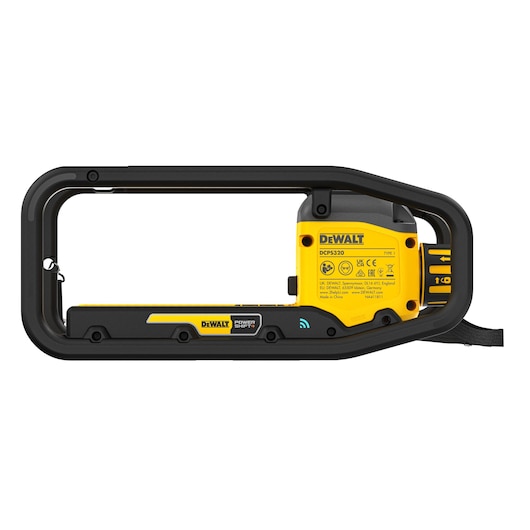DEWALT DCPS320N cordless bandsaw tool with a yellow and black frame, designed for cutting metal pipes.