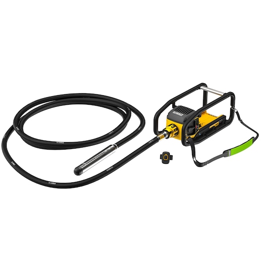DEWALT concrete vibrator with long black hose, remote control, and protective frame.