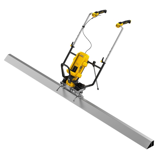 A DEWALT DCPS330N power tool with yellow and black coloring, equipped with dual handles and mounted on a long metal screed bar, used for leveling concrete surfaces.