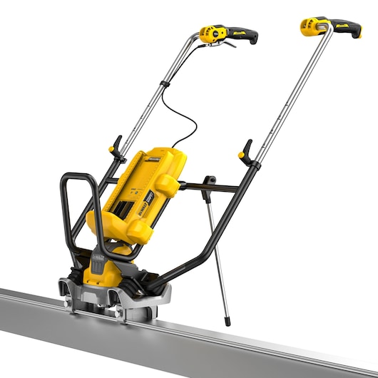 A DEWALT DCPS330N battery-powered photography tool with a yellow and black design, mounted on a metal rail. The tool has two long handles and a control panel on the main yellow unit.