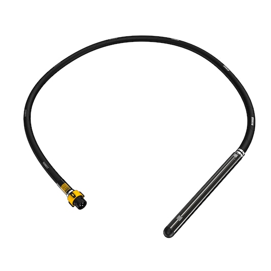 DEWALT DCPS3382 concrete vibrator shaft with yellow connector and black flexible hose on white background.