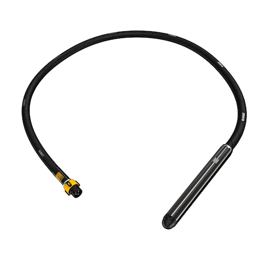Black DEWALT concrete vibrator shaft with yellow connector and metal head, coiled in a circle on white background.