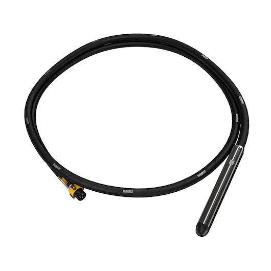 DEWALT DCPS3505 black concrete vibrator with cylindrical head and cable, isolated on white background.