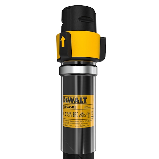 Close-up of DEWALT DCPS3505 tool showing label, yellow and black top, and safety arrow indicator.