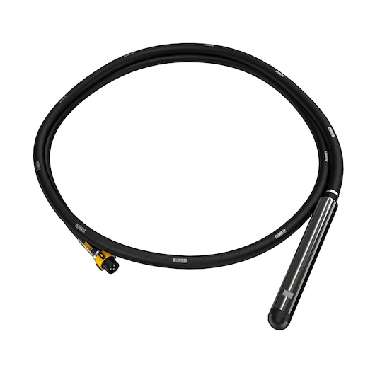 DEWALT DCPS3595 flexible concrete vibrator with black hose and metallic end for construction use.