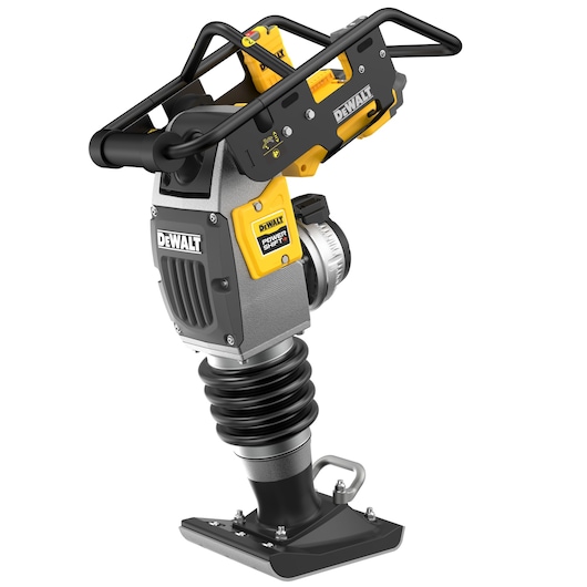 A cordless DEWALT compactor with PowerShift technology, shown upright with a sturdy handle and base.