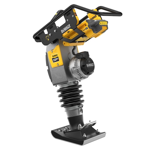 DEWALT battery-powered compactor with yellow accents, sturdy base and handle, shown on a white background.