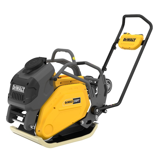 A DEWALT power plate compactor machine in yellow and black, featuring a sturdy metal frame and ergonomic handle, designed for construction and landscaping tasks.