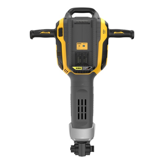 Front view of a DEWALT electric jackhammer with yellow and black casing, two side handles, and visible control panel.