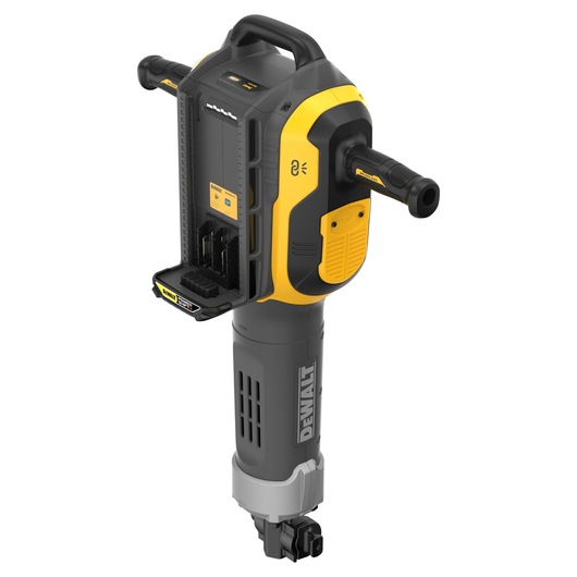 A DEWALT DCPS966N power tool with a black and yellow body, featuring a handle at the top and two side grips. The front shows an open battery compartment and branded details.