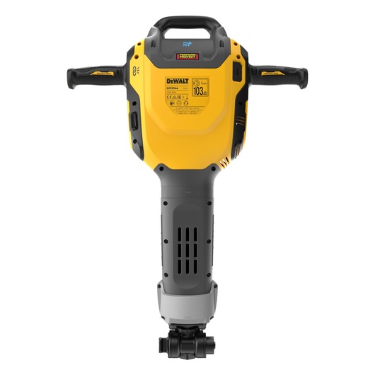 Front view of a DEWALT DCPS966N power tool, featuring a yellow and black design, two side handles, and an industrial build, isolated on a white background.