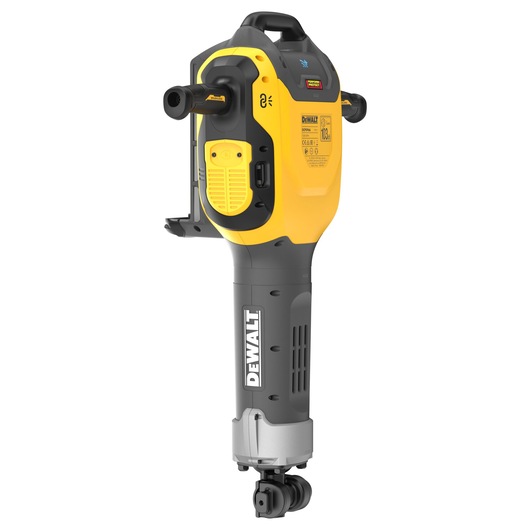 A DEWALT-branded electric power tool, specifically a demolition hammer, featuring a yellow and black design and ergonomic handles.