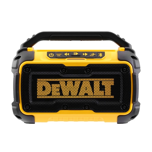 Front view of a DEWALT DCR011 portable yellow Bluetooth speaker with control buttons on top.