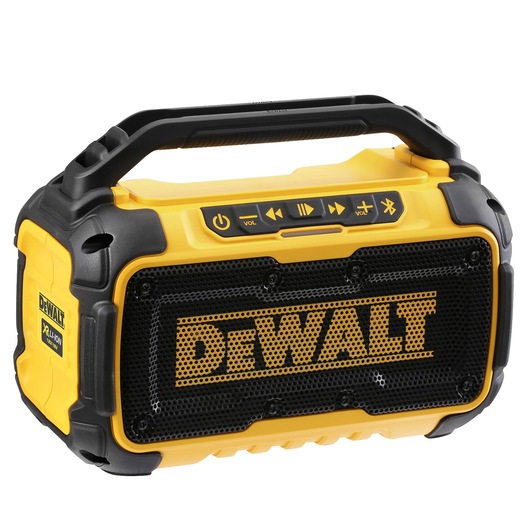 Yellow and black DEWALT portable Bluetooth speaker with handle and control buttons on top.