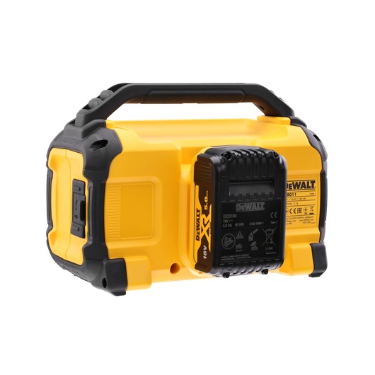DEWALT DCR011 yellow portable jobsite radio with handle and battery pack, rugged, USB port visible.