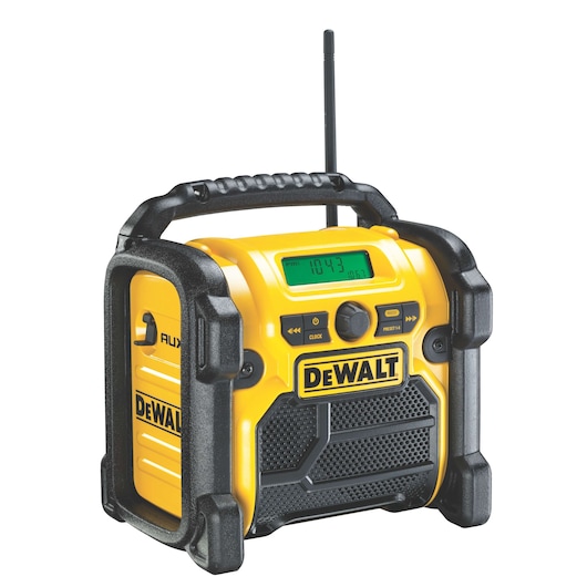 A DEWALT portable worksite radio with a yellow and black rugged design, featuring a carry handle, digital display, control buttons, and an antenna.