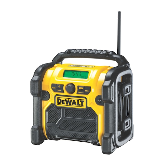 DEWALT DCR020 yellow rugged portable radio with digital display, black trim, handle, and antenna.
