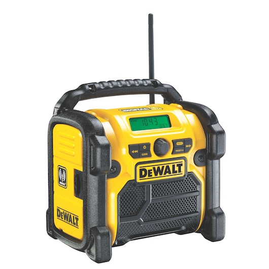 DEWALT DCR020 portable radio with digital display, yellow and black, sturdy handle and antenna.
