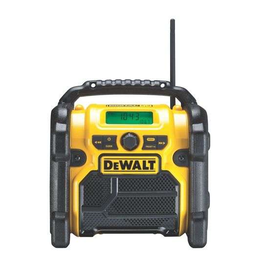 DEWALT DCR020 jobsite radio with yellow and black casing, digital display, buttons, and carrying handle.